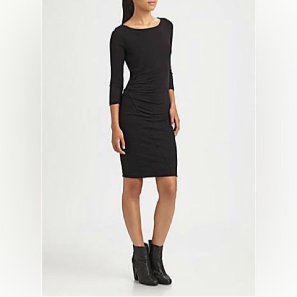 James Perse Boatneck Ruched Side 3/4 Sleeve Dress Pima Cotton Black 4 XL